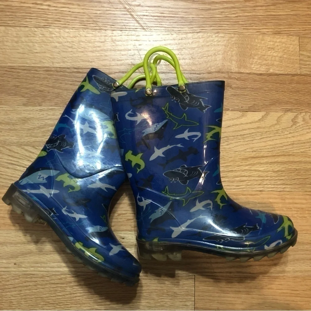 Shark Rain Boots Sz 11 Pull Up Kids Blue Green Boys